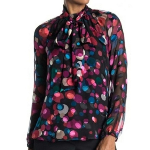 Trina Turk Greyhound Multicolor Silky Long sleeve Blouse with Tie - Picture 2 of 12